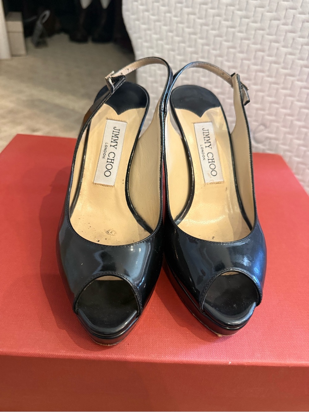 Jimmy Choo Black Patent Leather Peep-Toe Slingback Heels